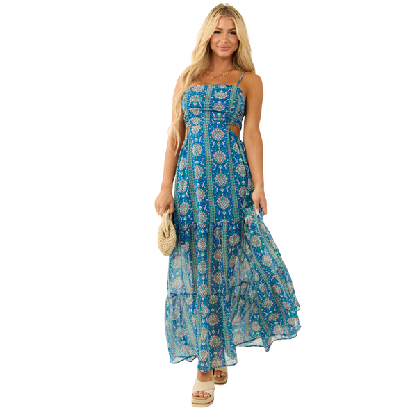 Vestido Longo Royal Blue Estampado Floral com Costas Abertas