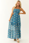 Vestido Longo Royal Blue Estampado Floral com Costas Abertas