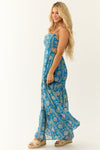 Vestido Longo Royal Blue Estampado Floral com Costas Abertas